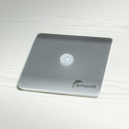 Silver motion sensor with 'Springwell' branding on a white background