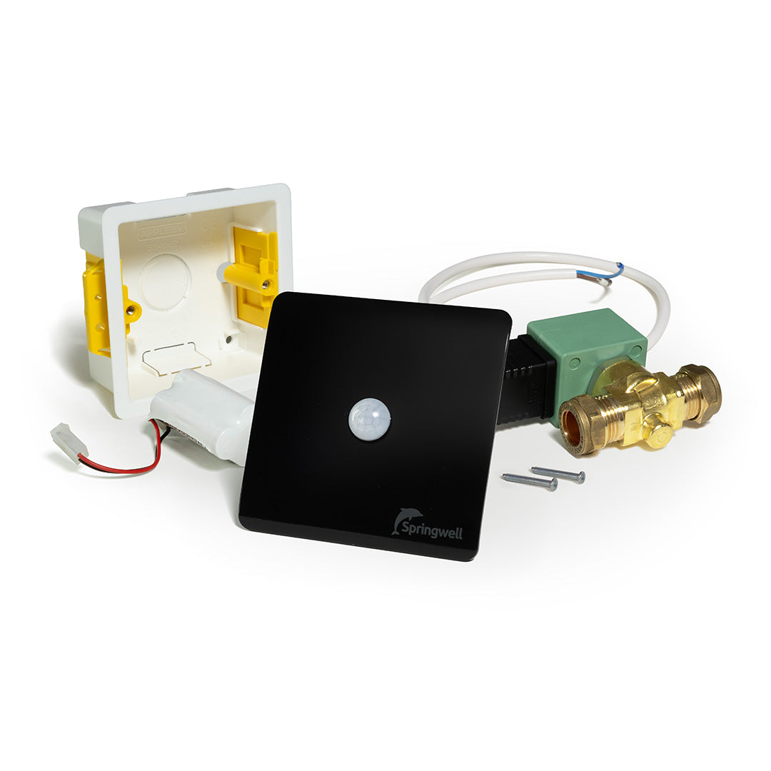 Black Springwell Smartflush sensor, battery pack, valve, cable, screws and mounting box