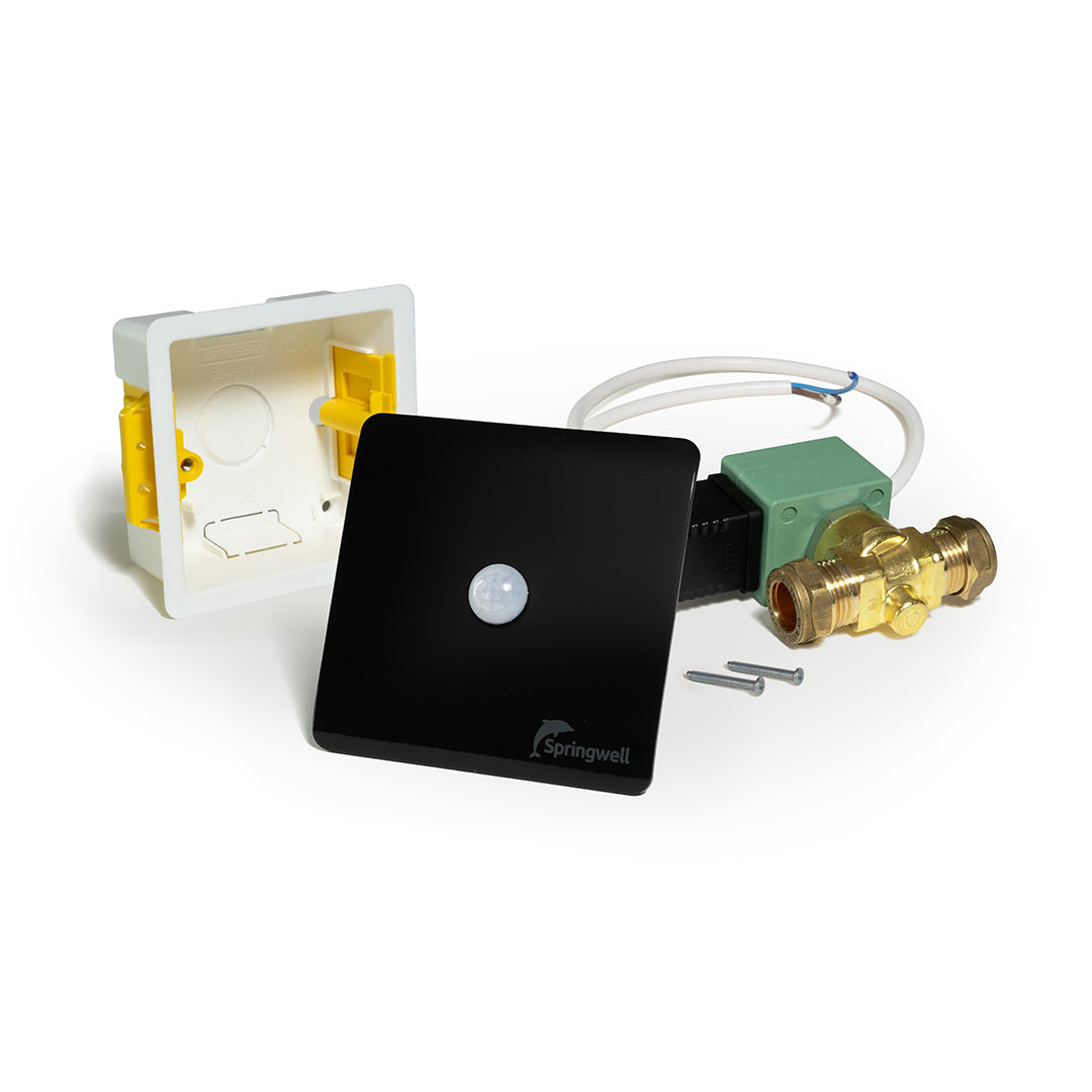 Black Springwell Smartflush sensor, valve, cable, screws and mounting box