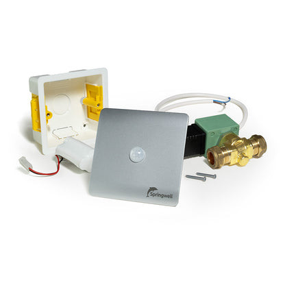 Silver Springwell Smartflush sensor, battery pack, valve, cable, screws and mounting box