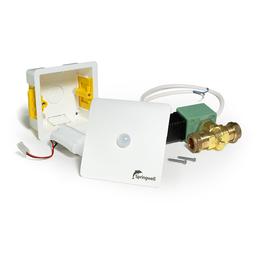 White Springwell Smartflush sensor, battery pack, valve, cable, screws and mounting box