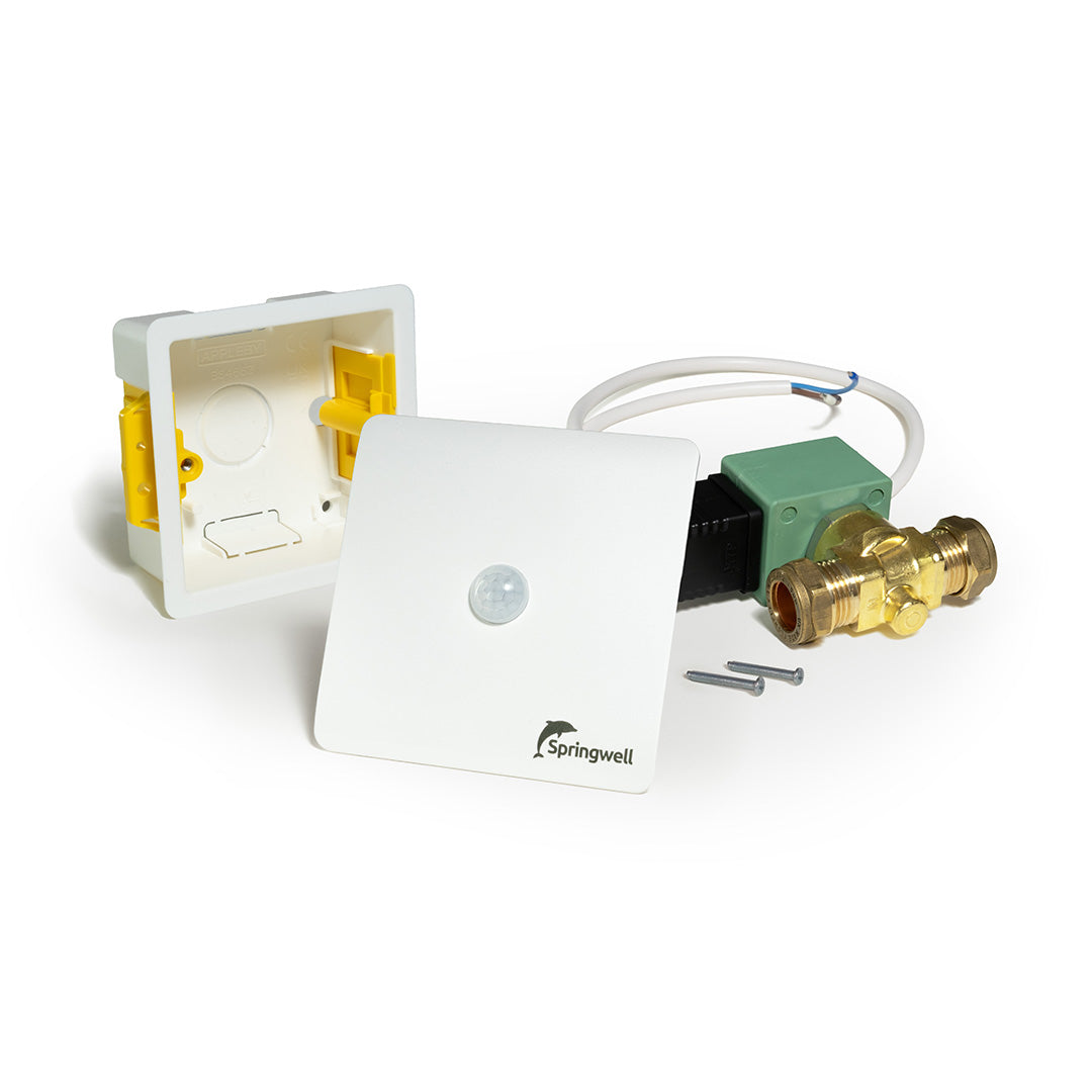 White Springwell Smartflush sensor, valve, cable, screws and mounting box